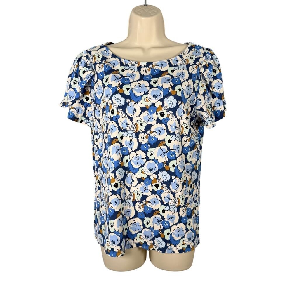 Ann Taylor Top M Blue Floral Tulip Sleeve Rayon Knit Cottage Casual Vacation